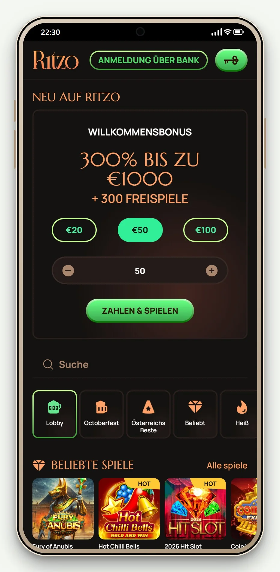 online casino mit zimpler: Ritzo mobile Lobby
