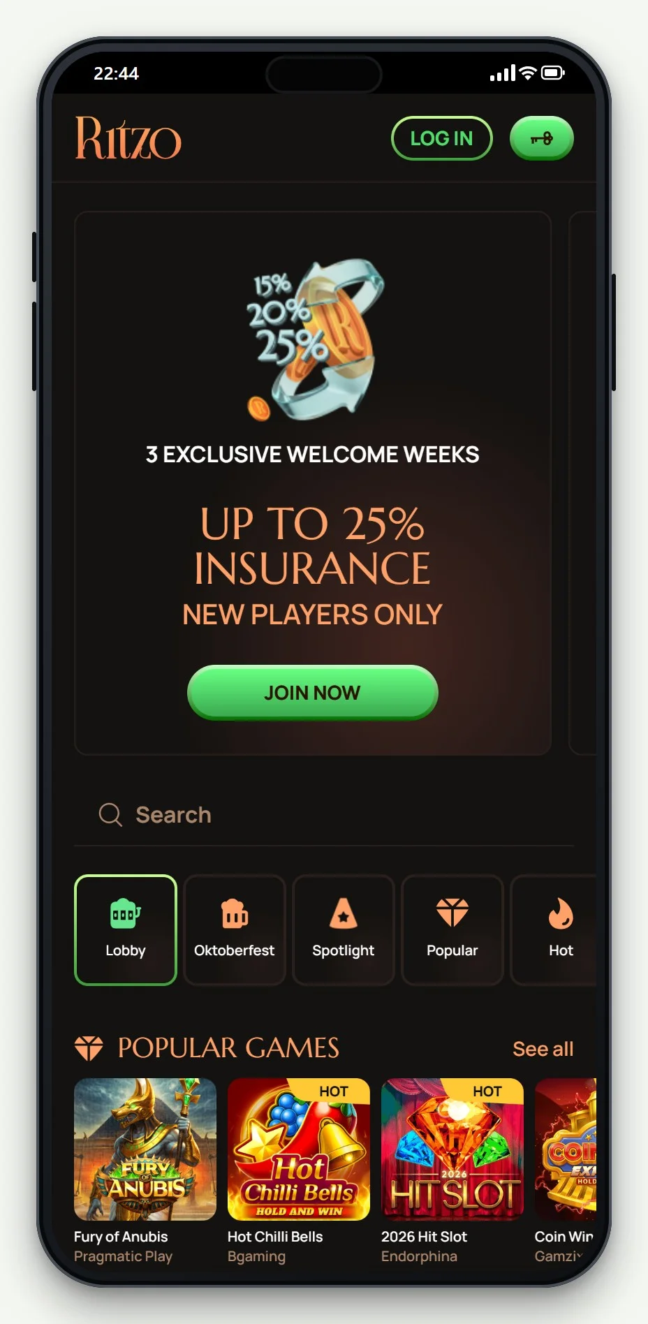 zimpler casino belgië: Ritzo mobiele lobby