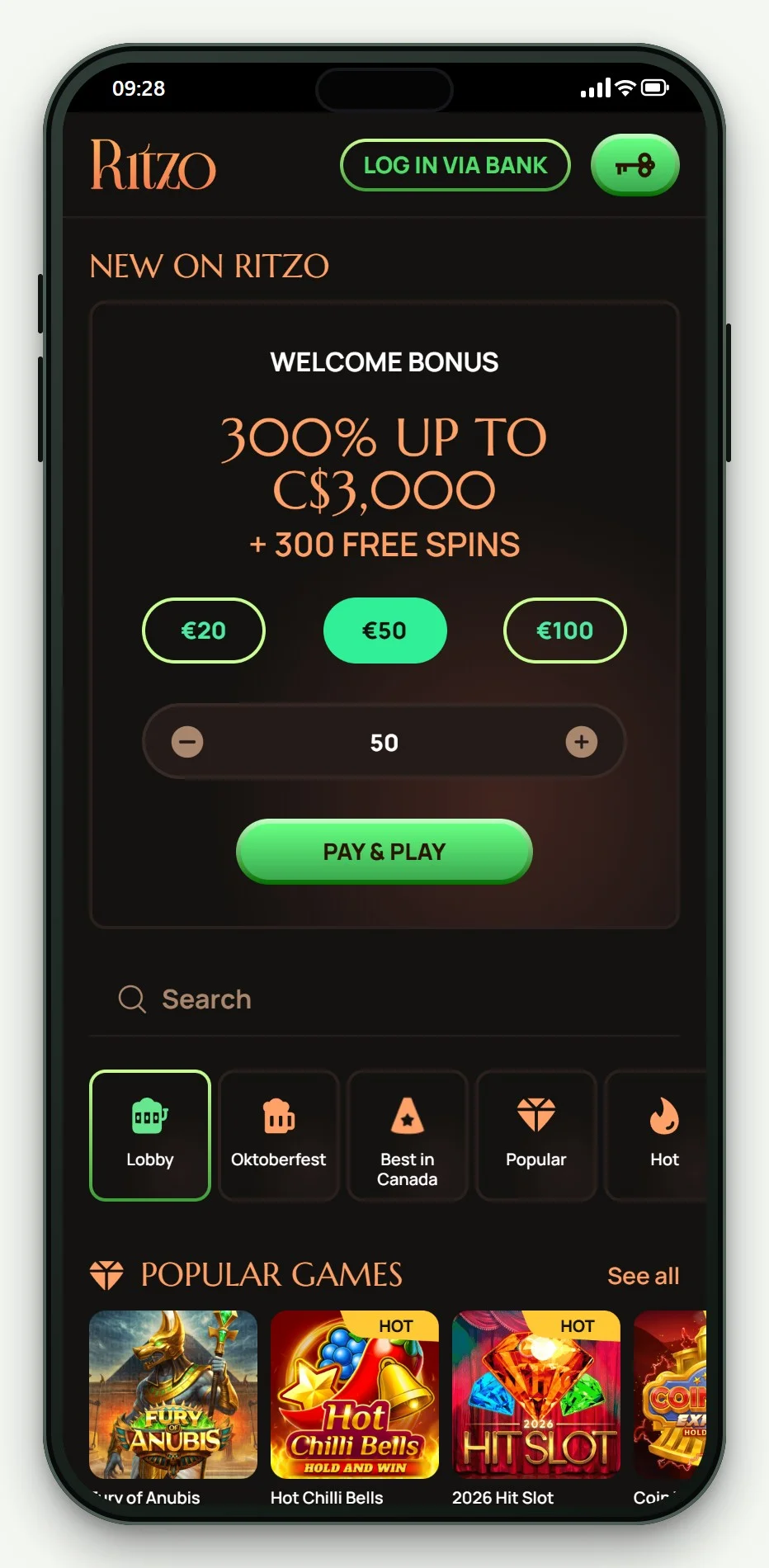 casino sites with zimpler: Ritzo mobile lobby