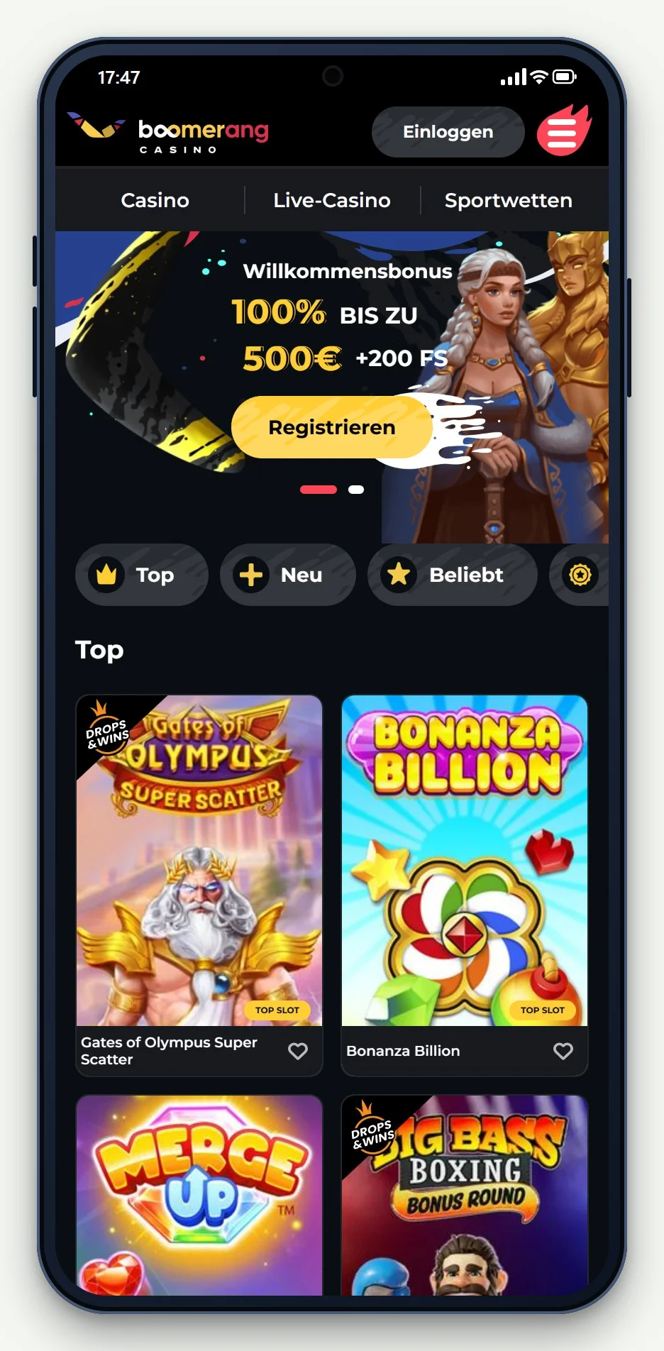 online casino zimpler: Boomerang mobile Lobby
